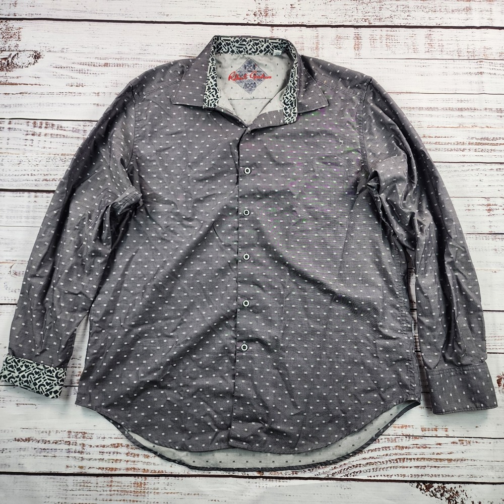 Robert Graham Shirt Men's XL Gray Geometric Dot Classic Fit Flip Cuff Button Up